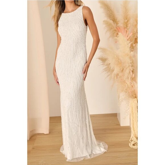 Lulus Glamourous Ever After White Sequin Beaded Backless Maxi Wedding Dress Sz S - Picture 11 of 16